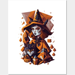 Halloween Witch with Cat in Geometric style Posters and Art